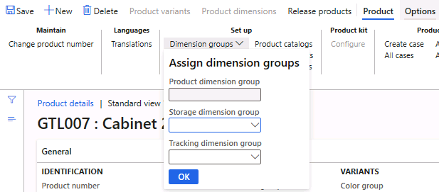 Screenshot depicts the set up option under the product menu where the different dimension group details can be added.
