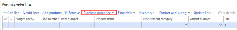 Screenshot depicts purchase order lines.