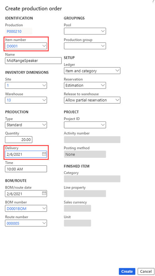 Screenshot depicts the create production order page. The item number and delivery fields are highlighted.