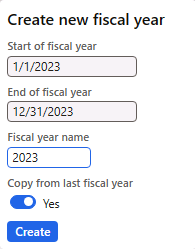 The screenshot depicts the how to create the new year in the fiscal calendar