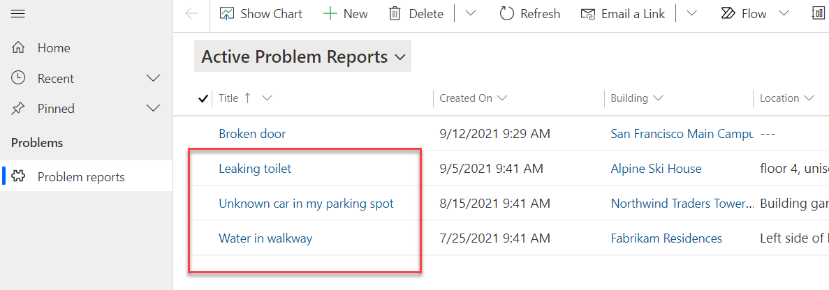 A screenshot with a border around problem new reports rows.