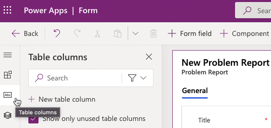 A screenshot of the form designer with Table columns section selected.