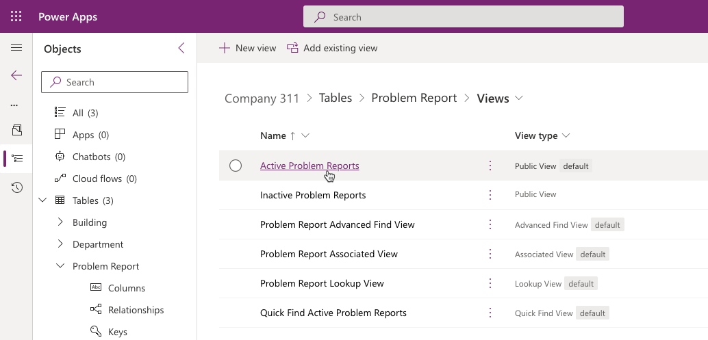 A screenshot of the view list for Problem Report table with Active Problem Reports entry highlighted.