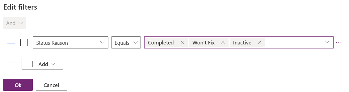 A screenshot of the edit filters window with the following Status Reason values: Completed, Won't Fix, Inactive