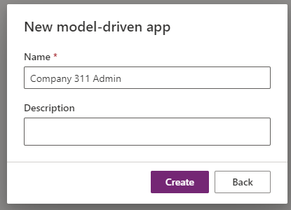 A screenshot of the New model-driven app window