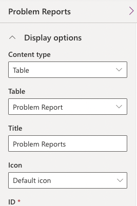 A screenshot of the properties pane and the Content type, Table, and Title values set