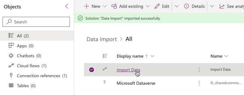 A screenshot with the Import Data flow highlighted