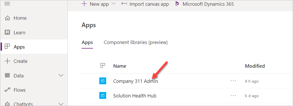 A Screenshot with an arrow pointing to the company 311 admin option in apps