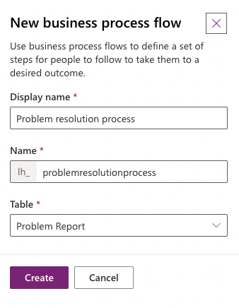 A screenshot of New business process flow panel with relevant field values.