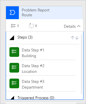 A screenshot of the completed route stage with three data steps: building, location, and department