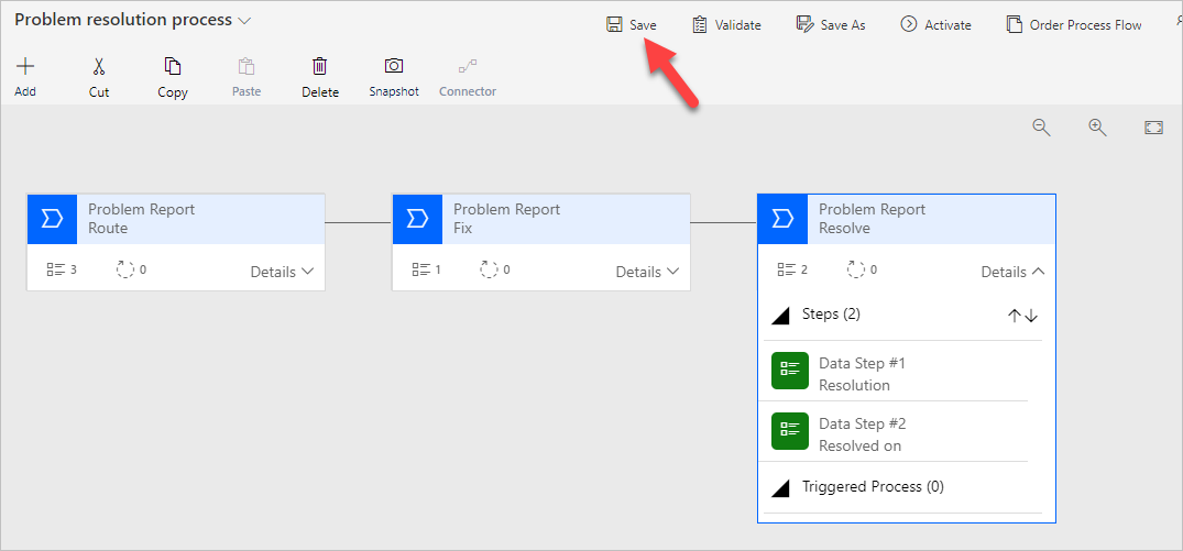 A screenshot of a Business Process Designer with an arrow pointing to the save button