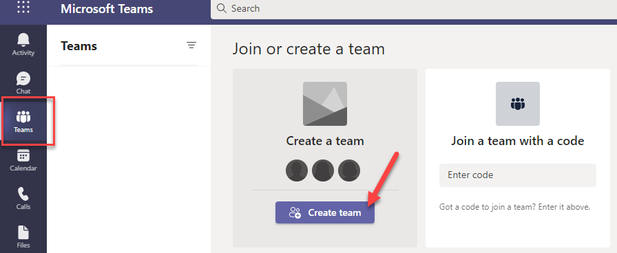 A screenshot with a box around the teams button on the left side of the window and an arrow pointing to the create team button