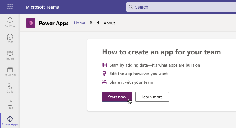 A screenshot of the power apps for teams home page