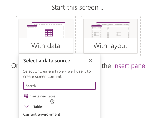 A screenshot with data option selected and cursor pointing to the create new table link from the select a data source prompt