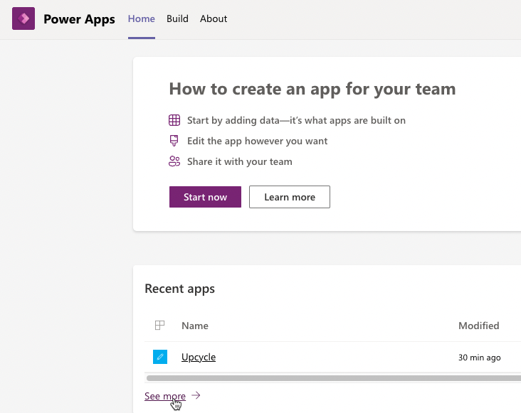 A screenshot of power apps in teams screen with Home tab selected and the cursor pointing to the see more button in the recent apps window of the home page of power apps