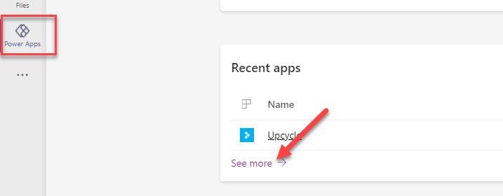 A screenshot with a border around the power apps button on the left side of the window and an arrow pointing to the see more link in the recent apps