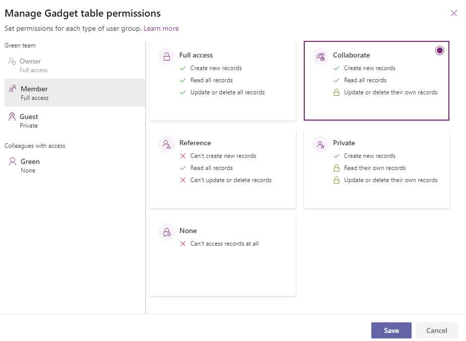 A screenshot of the collaborate permission selected