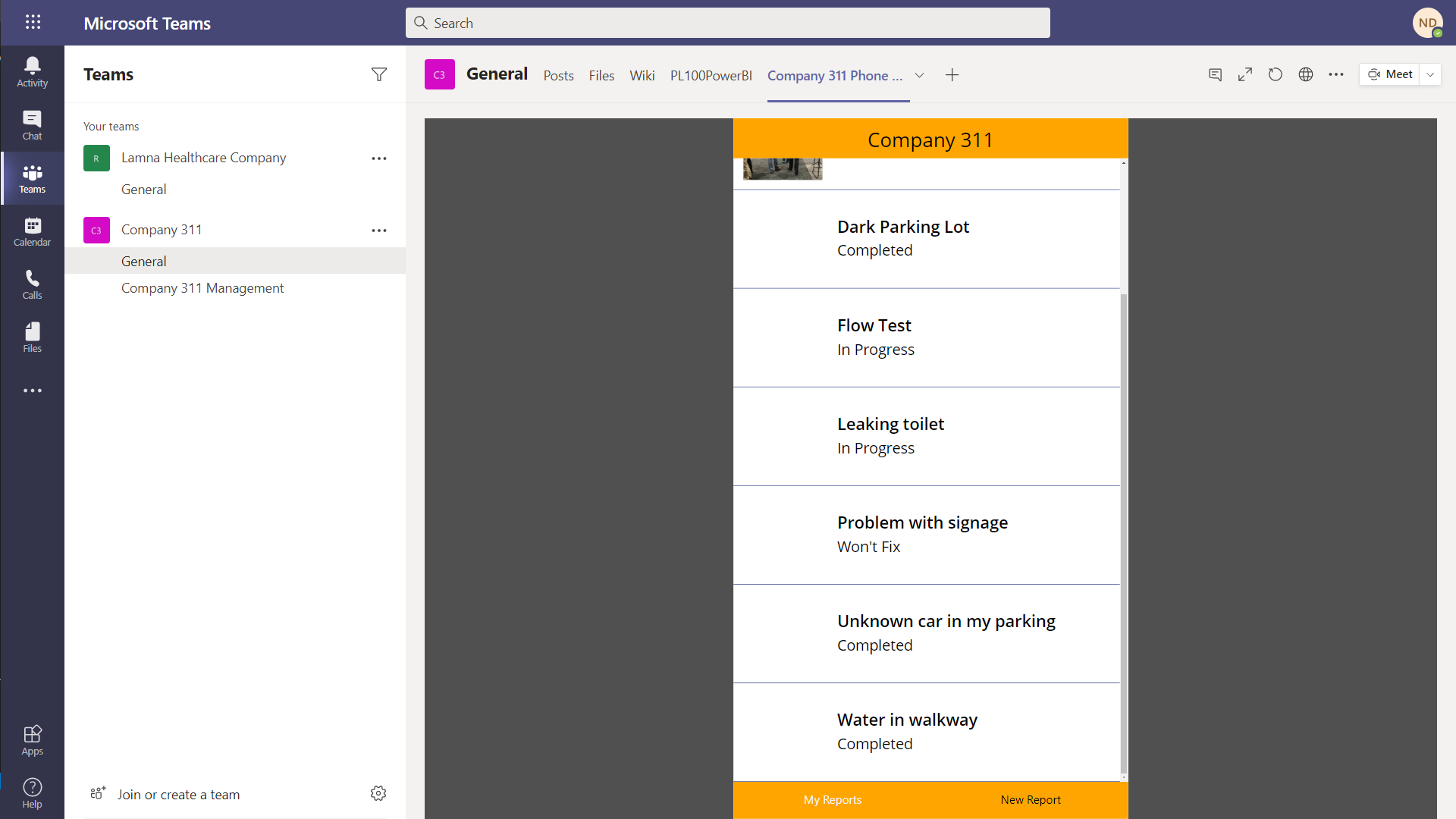 A screenshot of the company 311 app appearing on a tab in Microsoft Teams