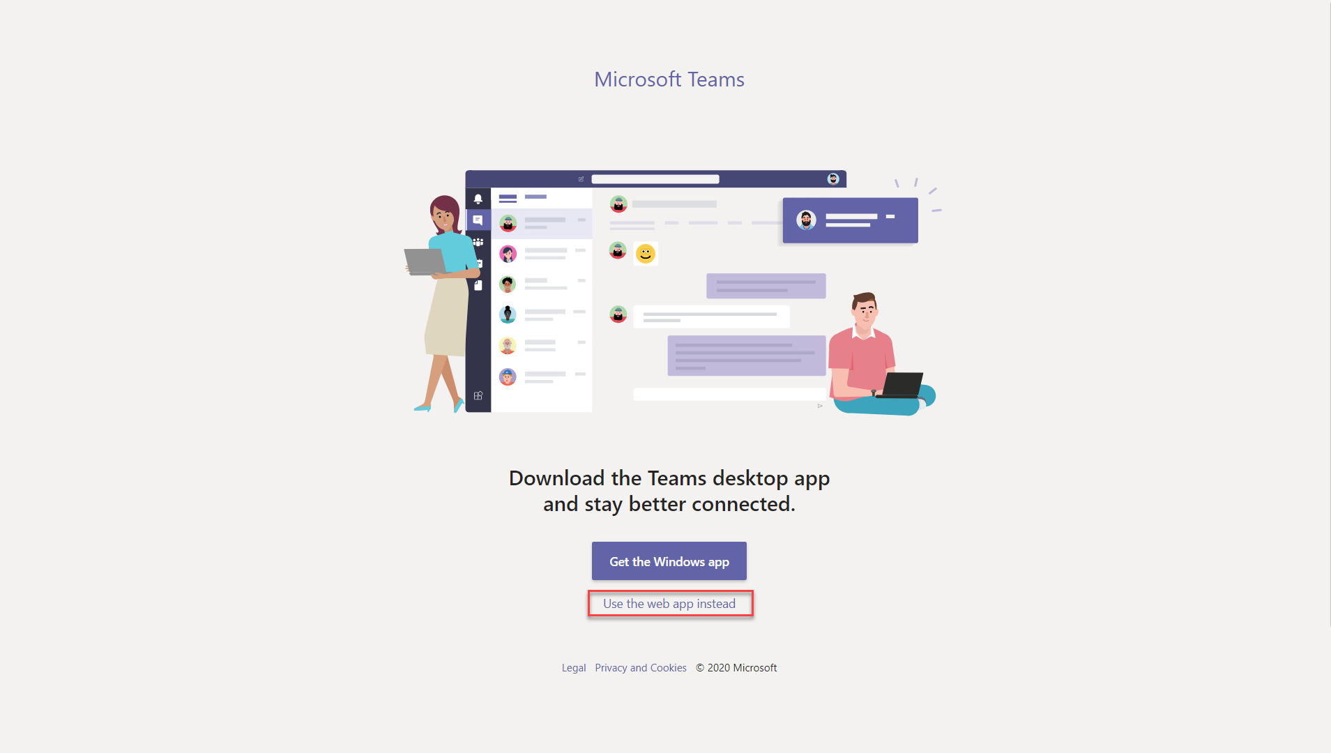 A screenshot of the Microsoft Teams web browser landing page with a border around the use the web app instead button