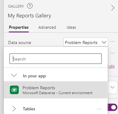 A screenshot of the my reports gallery window and the properties pane with problem reports selected for data source