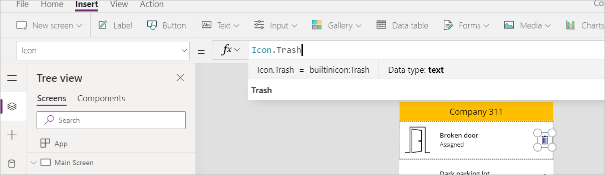 A screenshot of icon.trash typed into the expression tab