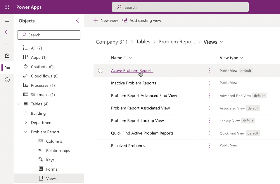 A screenshot of the solution explorer screen with Views selected under problem report table and the cursor over the active problem reports view link