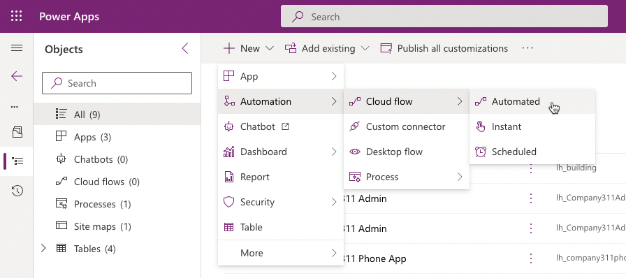 A screenshot showing dropdown menu to create new automated cloud flow