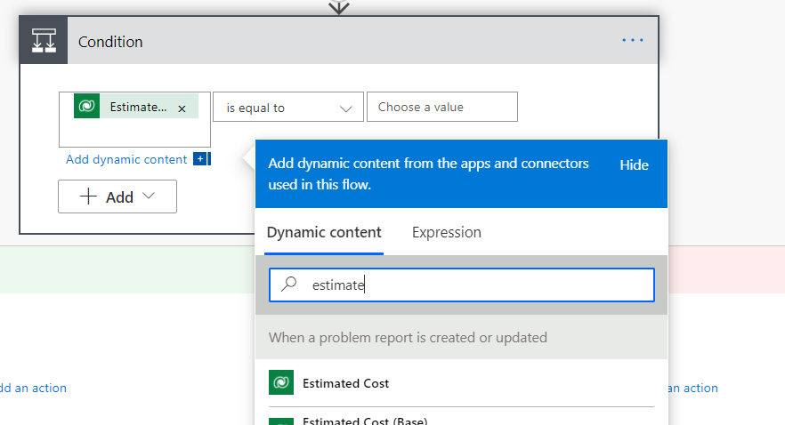 A screenshot of the dynamic content pane with the word estimated in the search bar
