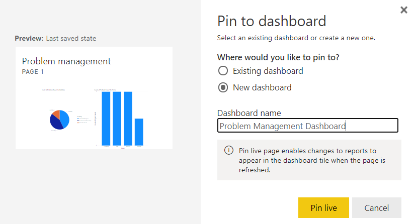 A screenshot of the pin to dashboard prompt and the dashboard name changed