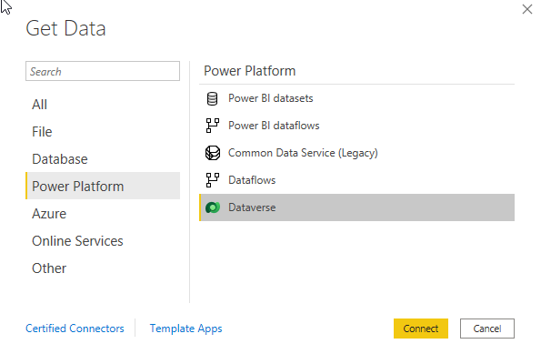 A screenshot of the dataverse selected in the power platform window