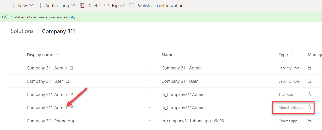 A Screenshot with an arrow pointing to the company 311 admin option with another border around model-driven application in the type column in line with the correct company 311 admin option