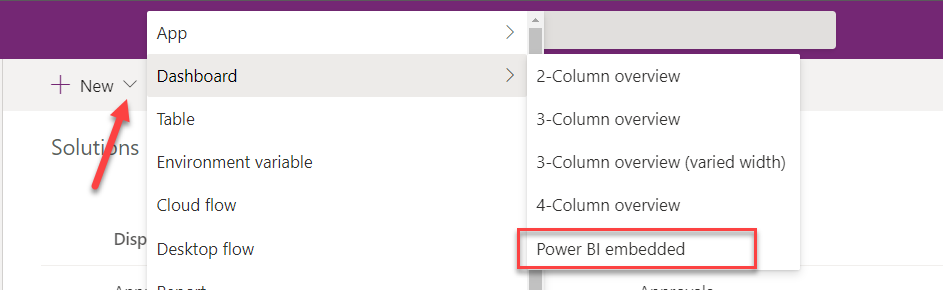 A Screenshot with an arrow pointing to the new button, dashboard selected, and a border around the Power Bi embedded option
