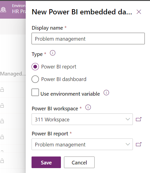 A screenshot of the New Power BI embedded data window with all relevant text in each field