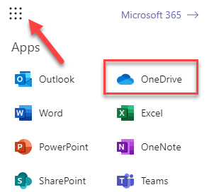 A Screenshot with an arrow pointing to the app launcher icon and a box around the Onedrive option in the app launcher