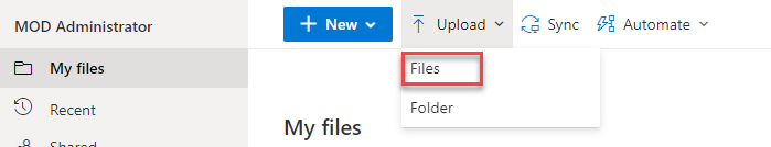 A screenshot with a box around the files option in the dropdown from the upload button