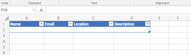 A screenshot of an excel spreadsheet with four headers in the first row: name, email, location, and description