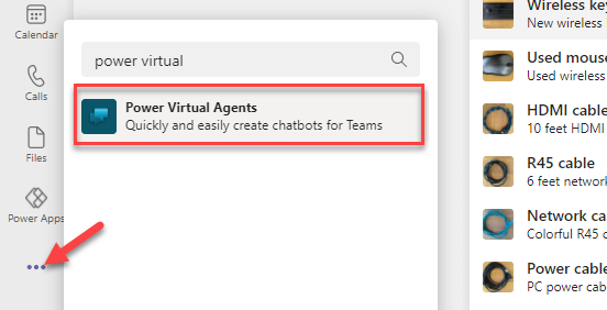 A Screenshot with an arrow pointing to the ellipsis icon on the left side of the window and a box around the power virtual agents option