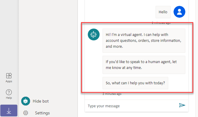 A screenshot with a box around the bot's default greeting reading: "Hi! I'm a virtual agent. I can help with account questions, orders, store information and more. If you'd like to speak to a human agent, let me know at any time. So what can I help you with today?"