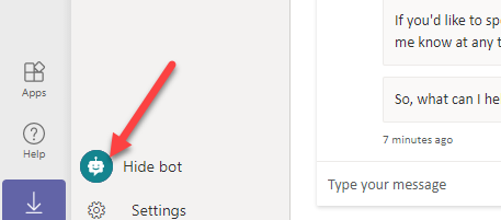 A Screenshot with an arrow pointing to the hide bot button