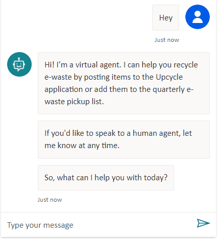 A screenshot of the updated bot greeting message