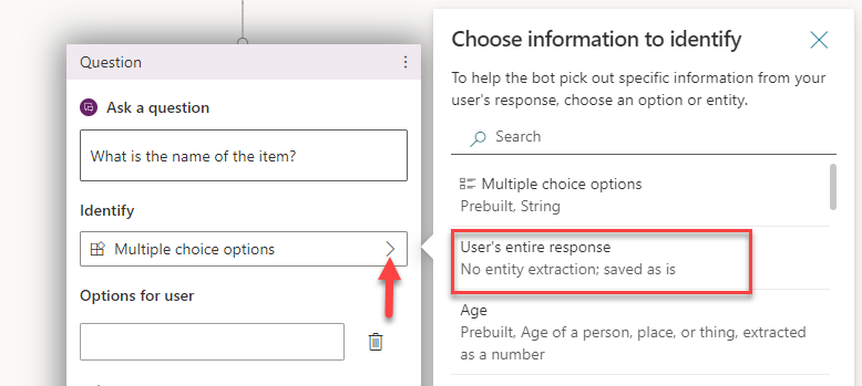 A Screenshot with an arrow pointing to the drop down icon in the identify field and a box around the user's entire response button