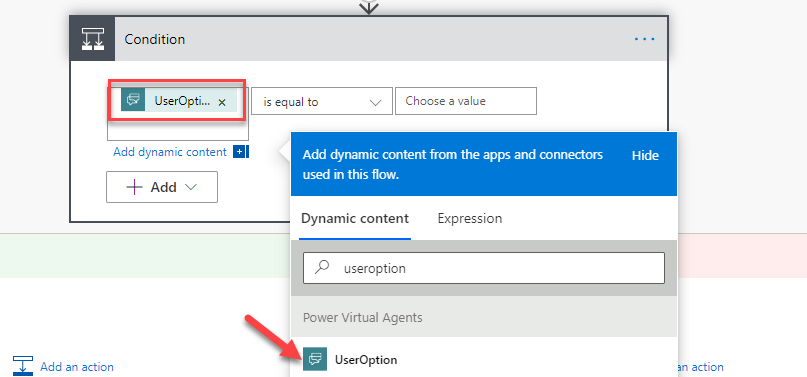 A Screenshot with an arrow pointing to the UserOption in the dynamic content pane. There is also a box around the user option box in the condition pane