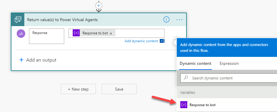 A Screenshot with an arrow pointing to the response to bot option in the dynamic content pane under variables