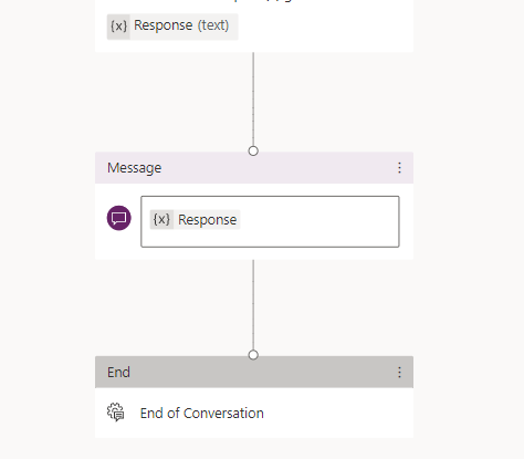 A screenshot of the end of the bot conversation which shows a message command with {x} response in the box and then an end of conversation command connected below