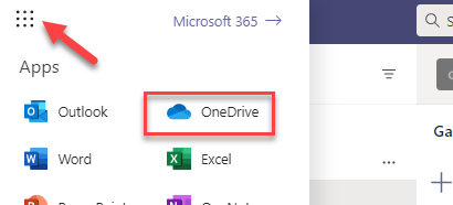 A Screenshot with an arrow pointing to the app launcher icon and a box around the onedrive option