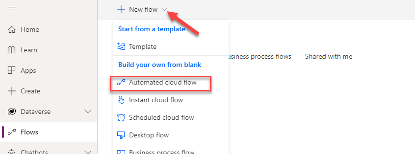 A Screenshot with an arrow pointing to the new flow button