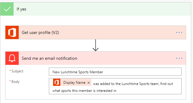 A screenshot of the send me an email notification command in the flow with the relevant text in the subject and body field