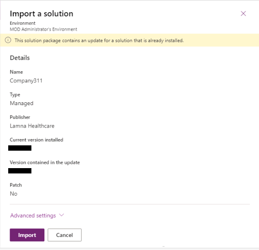 A screenshot of the import a solution pane with the message mentioned in step six having appeared.