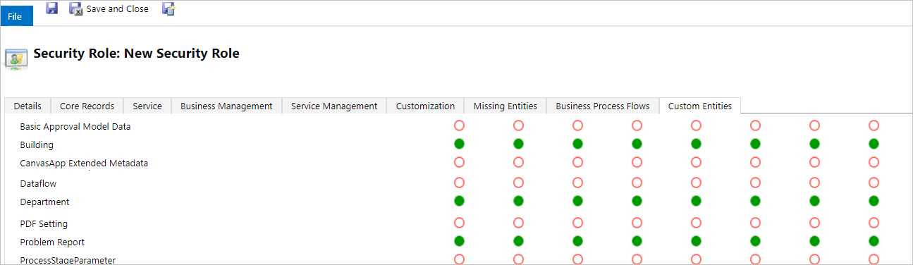 A screenshot of building, department, and problem report having all privileges selected in the custom entities tab