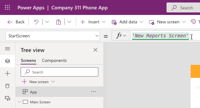 A screenshot of a StartScreen formula set to new reports screen